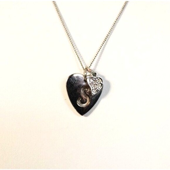 Double Heart Pendant Necklace "S" Initial Rhinestone Silver Tone - Picture 1 of 6